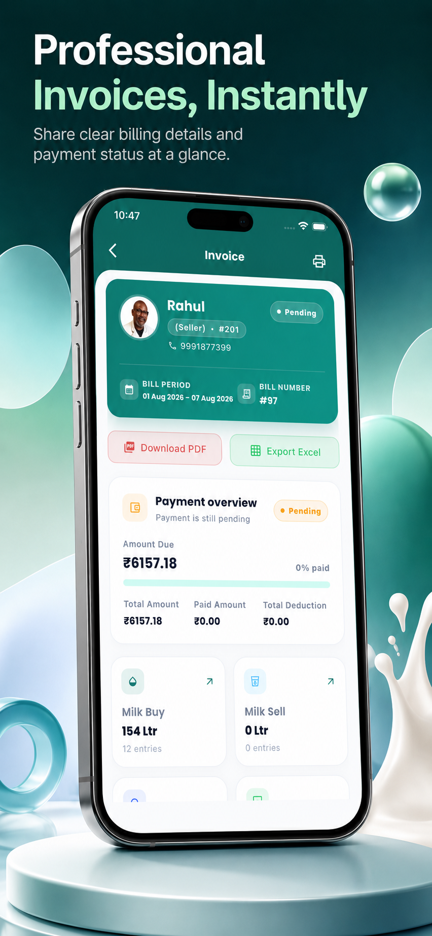MilkEntry invoices screen