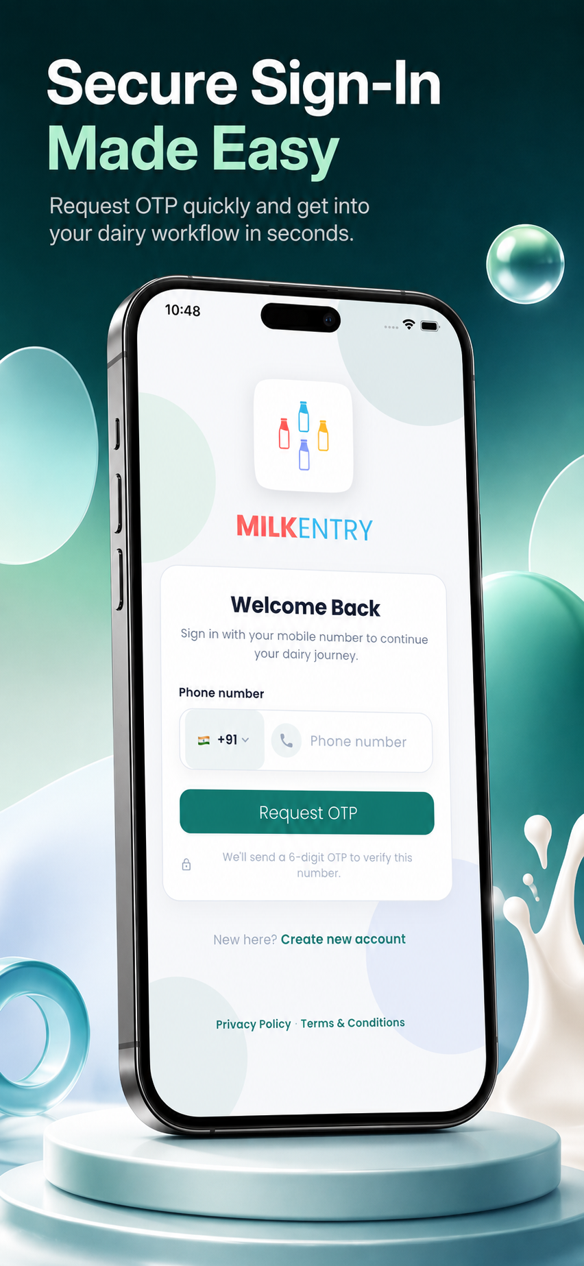 MilkEntry mobile app login screen
