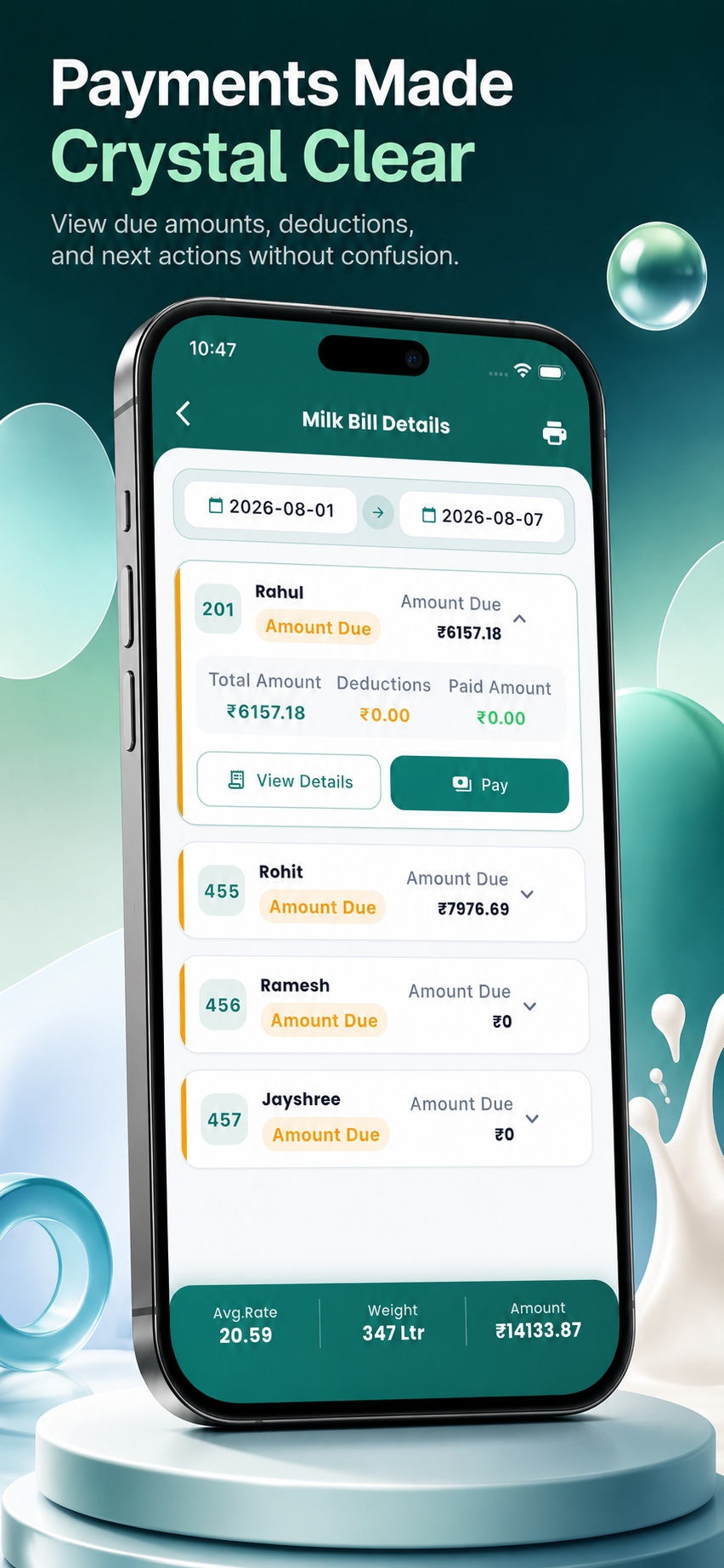 MilkEntry bill details screen
