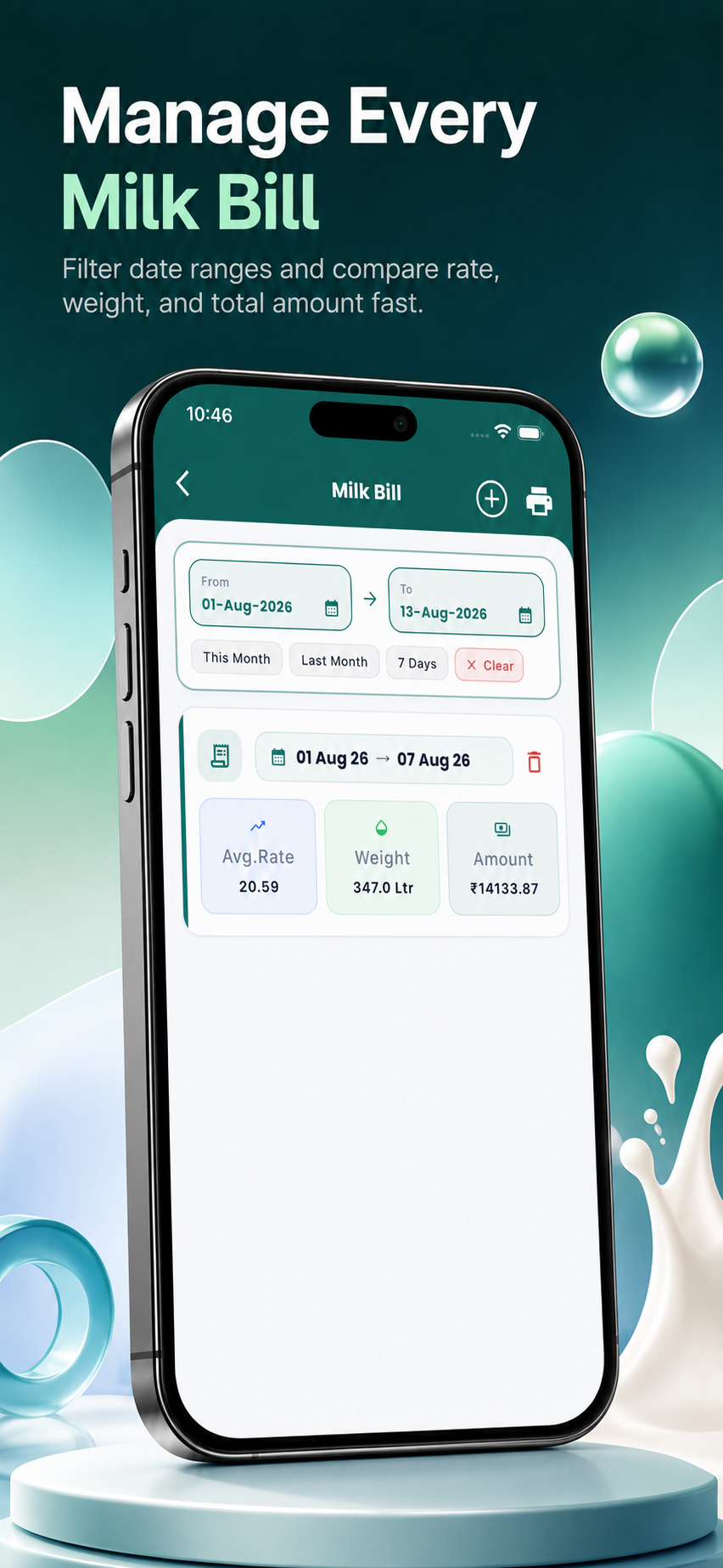 MilkEntry milk bills and payment cycles screen