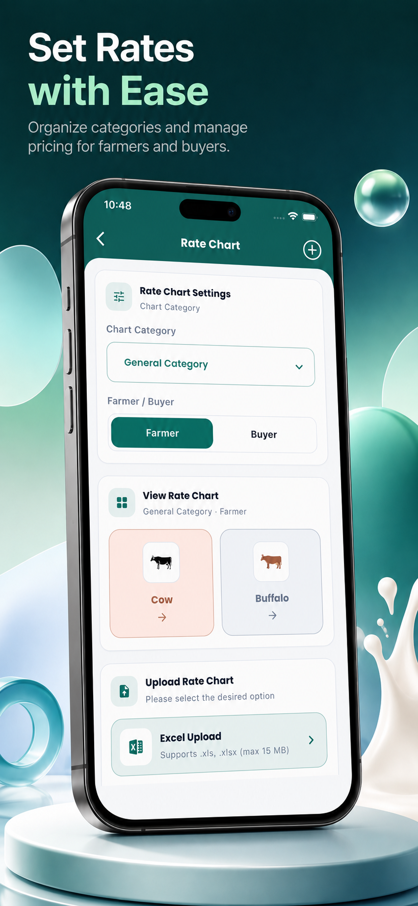 MilkEntry rate charts configuration screen