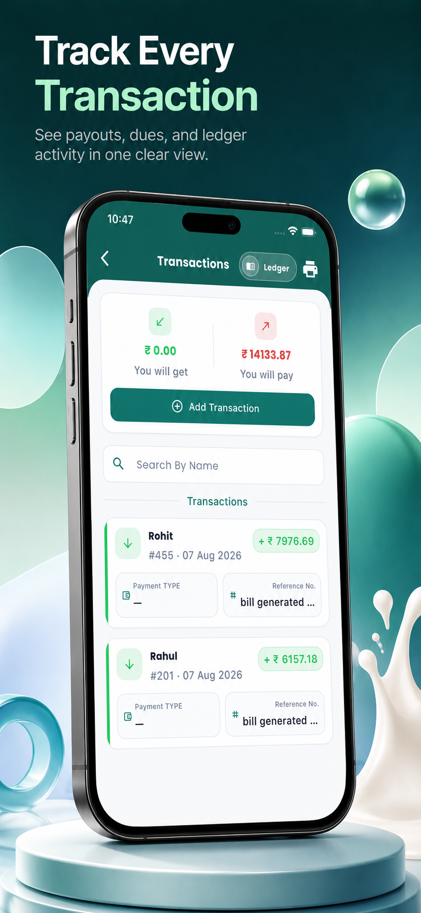 MilkEntry financial transactions screen