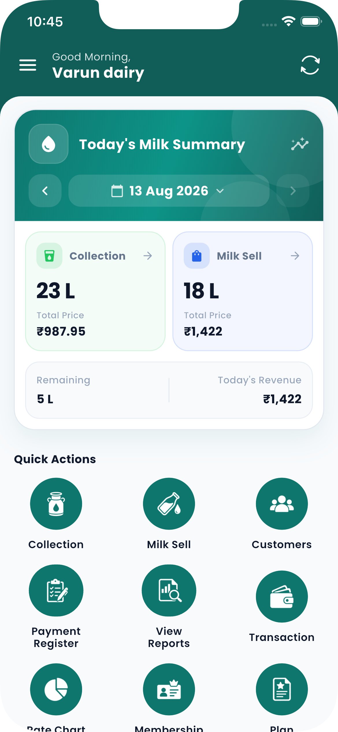 MilkEntry dashboard app screen